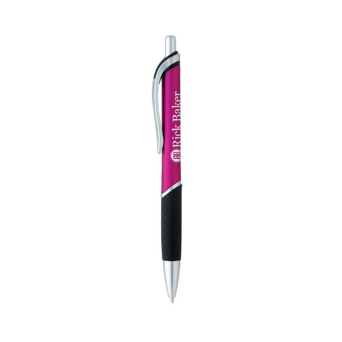 A pink plastic pen with a silver tip and a textured black grip. The pen features a branding logo.