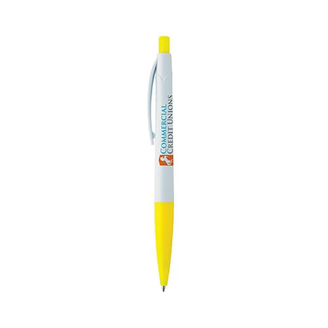 A plastic pen featuring a yellow barrel and a white grip, with a logo on the side.