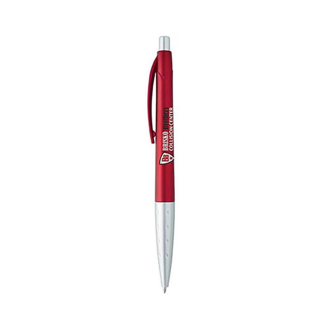 A red metallic pen with a silver tip and a logo. It features a plastic design for writing.