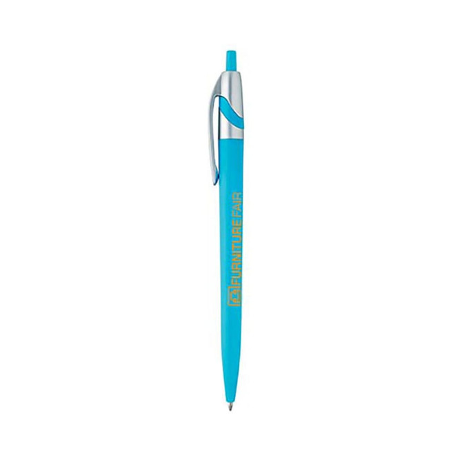A plastic pen in bright blue with a silver clip and a branding logo.