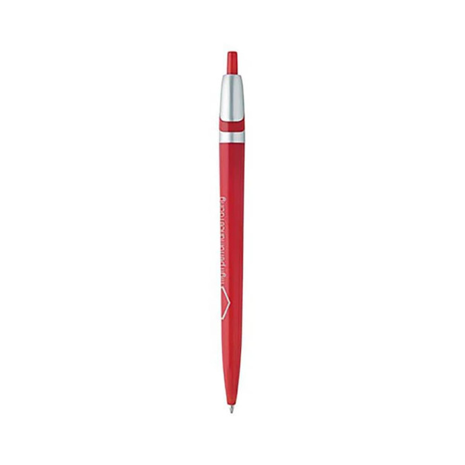 A red plastic pen with a silver clip and tip. It features a branding logo.