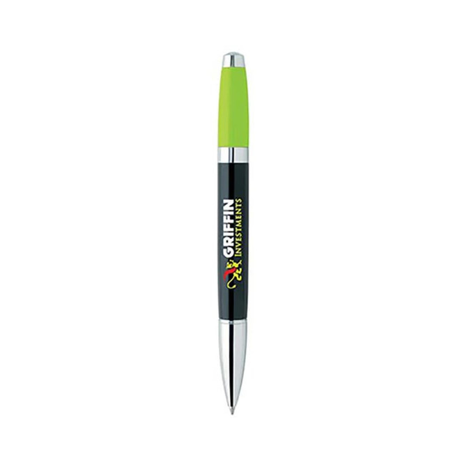 A black pen with a green twist top, featuring branding and a shiny silver tip.
