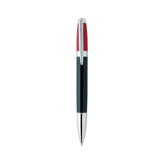A multi-colour twist pen featuring a black body with red accents and a silver clip. It has a sleek design and a logo.