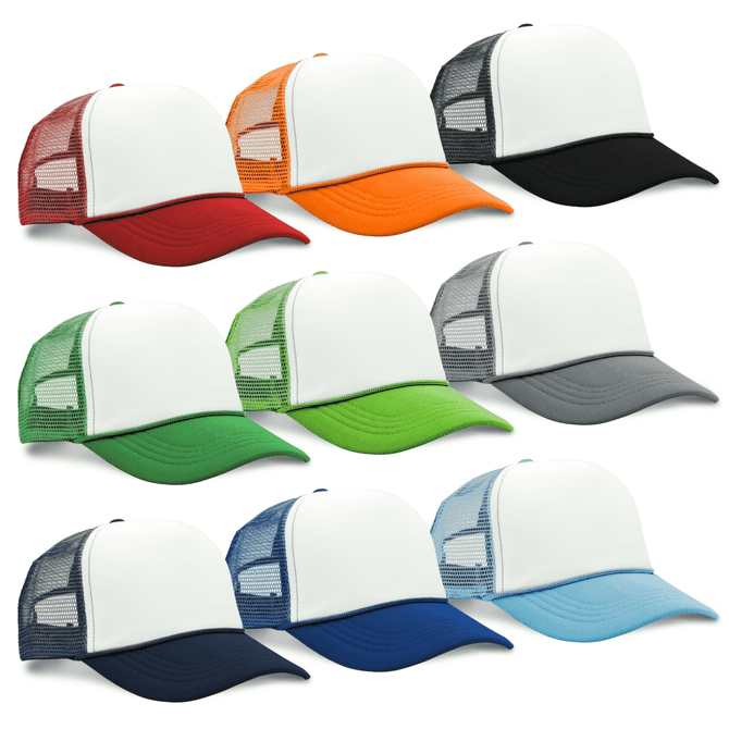 A variety of Trucker Roadhouse Caps in red, orange, black, green, grey, navy, blue, and light blue, featuring mesh sides and a logo.