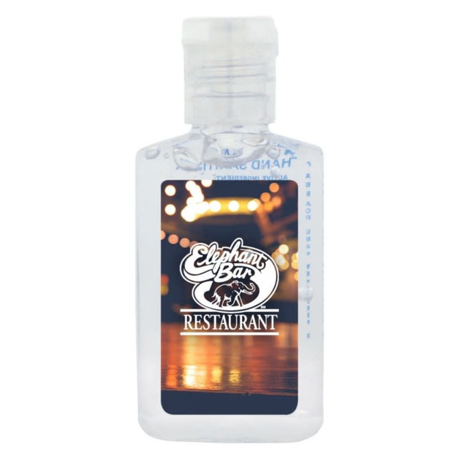 A clear 30ml hand sanitiser gel containing 75% ethyl alcohol, featuring a logo on the front.