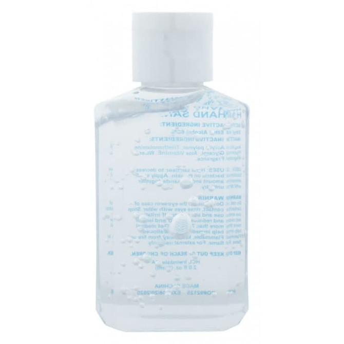 A clear 60ml hand sanitiser gel bottle containing 75% ethyl-alcohol, featuring a white flip-top lid and a logo.