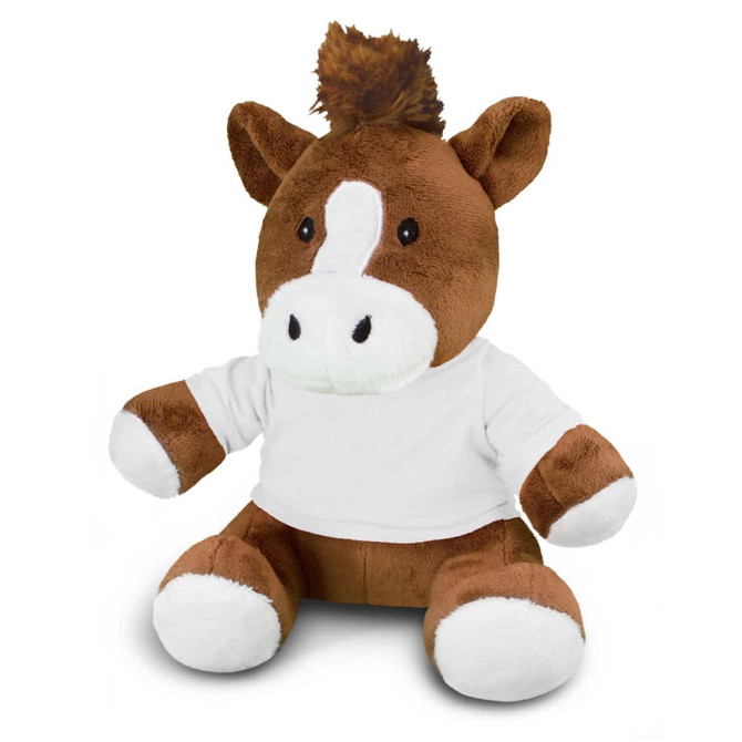 A brown horse plush toy with a white belly and feet, wearing a plain white t-shirt. It has a tuft of hair on its head.