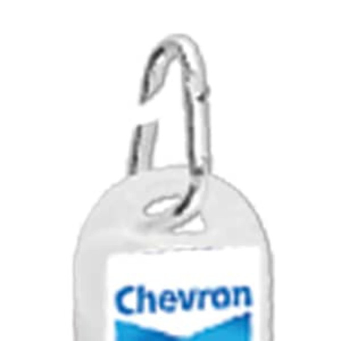 A clear 30mL hand sanitiser bottle with a silver carabiner and a logo.