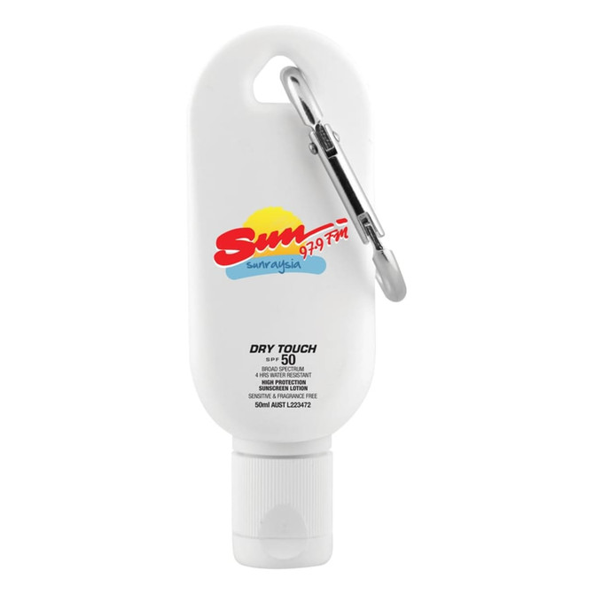 A white sunscreen bottle with a carabiner, containing 50mL of SPF 50 dry touch formula. It has a logo on the front.