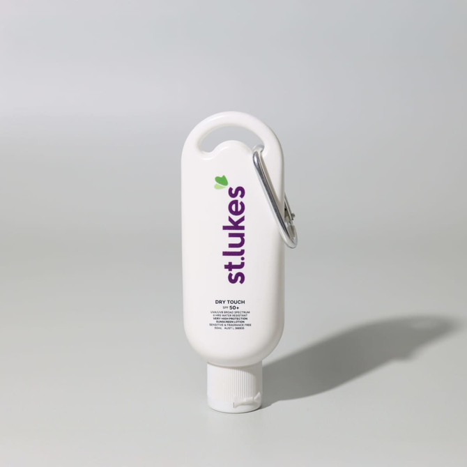 A white 50mL sunscreen bottle with a silver carabiner and a branding logo.