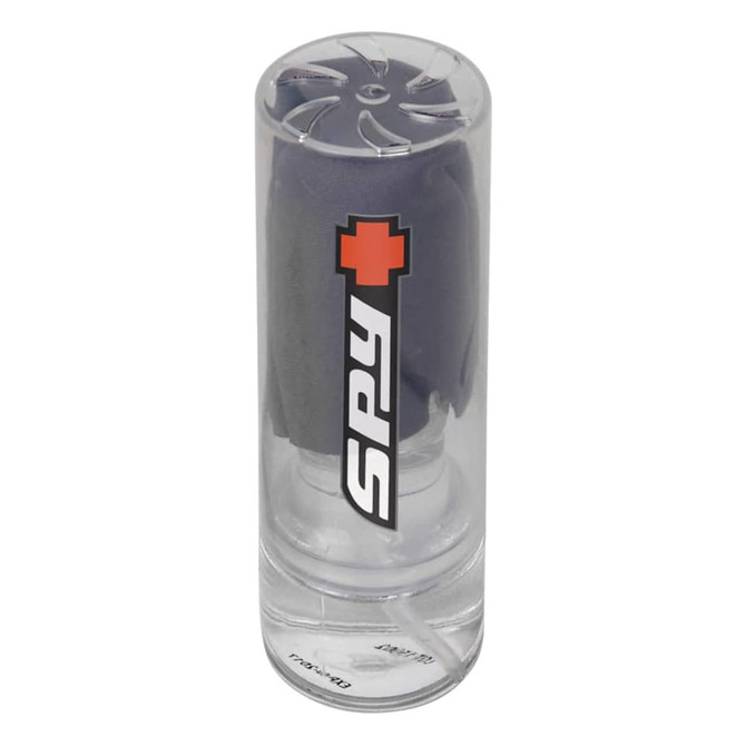 A cleaning set with a grey cloth in a clear cylindrical container, featuring a logo.