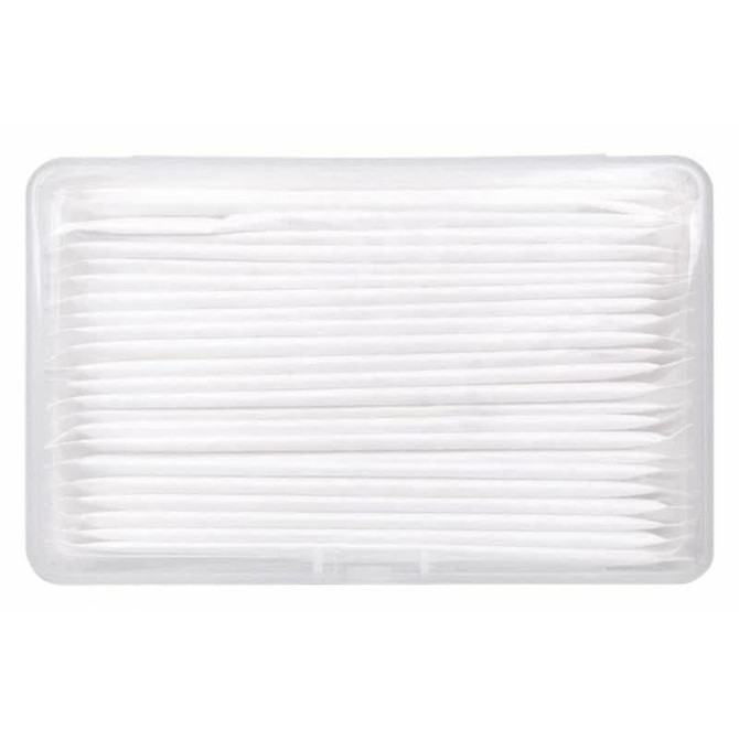 A white plastic container holding 25 white dental floss picks, neatly arranged inside.