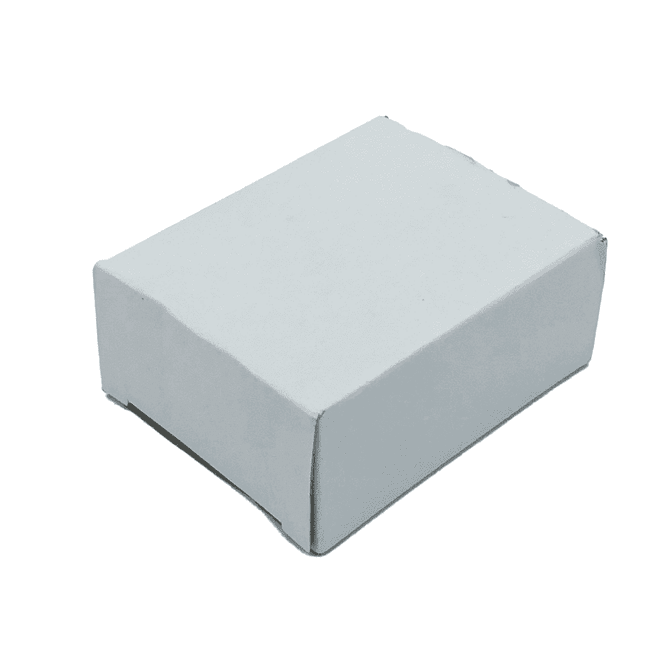 A plain white box with a simple design, featuring a lid and a rectangular shape.