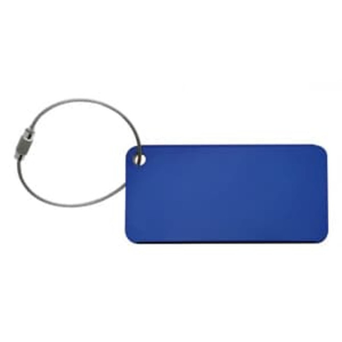 A blue luggage tag with a metal loop for attachment. It has a plain surface and no visible text or design.