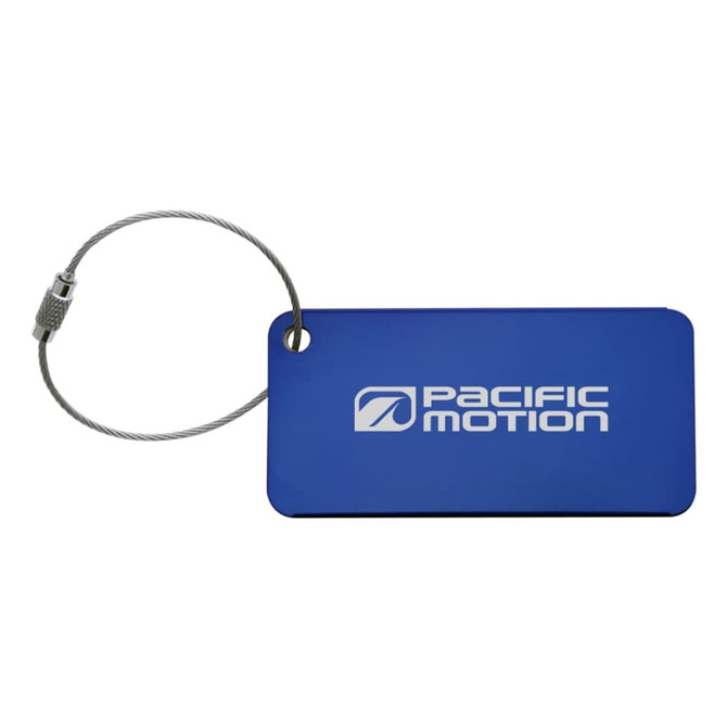 A blue luggage tag with a silver attachment, featuring a branding logo.