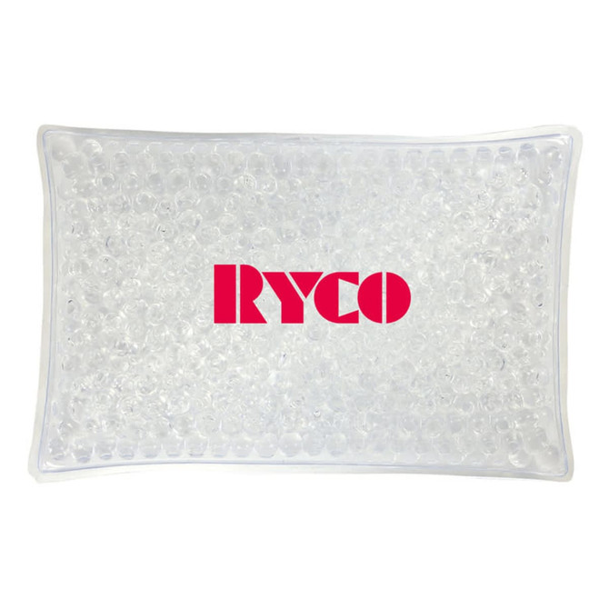 A clear, rectangular cooling pack filled with small beads, featuring a prominent logo in pink.