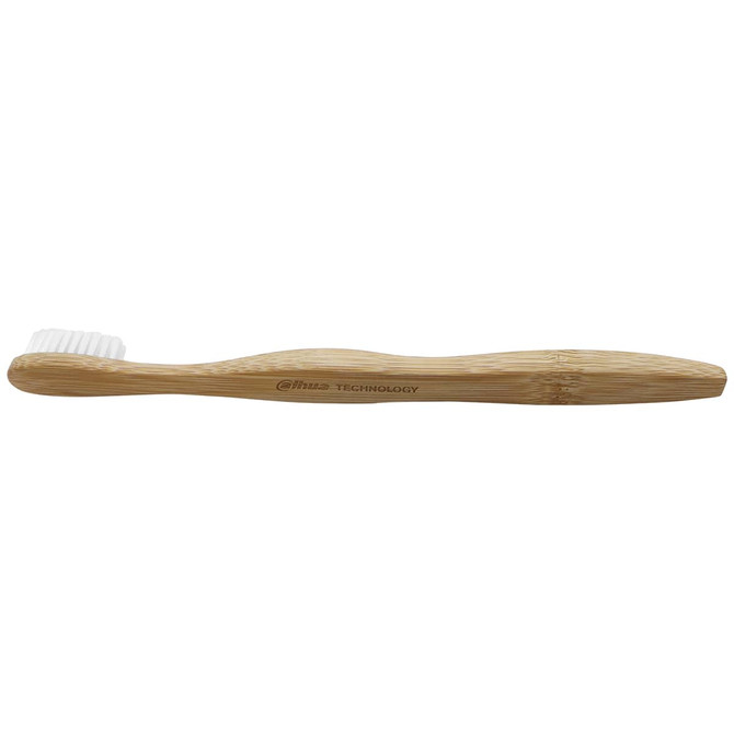 A bamboo toothbrush with a curved handle and soft white bristles, featuring a logo on the handle.