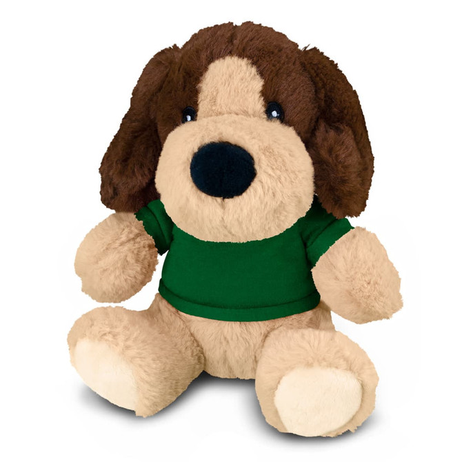 A soft plush toy dog with brown and beige fur, wearing a green shirt, sitting upright. It has a friendly face.