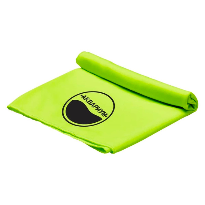 A bright green cooling towel, rolled slightly, featuring a logo on the surface.