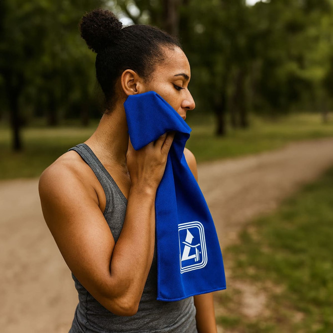 A woman in a grey tank top holds a blue cooling towel to her face, set in a green outdoor location.