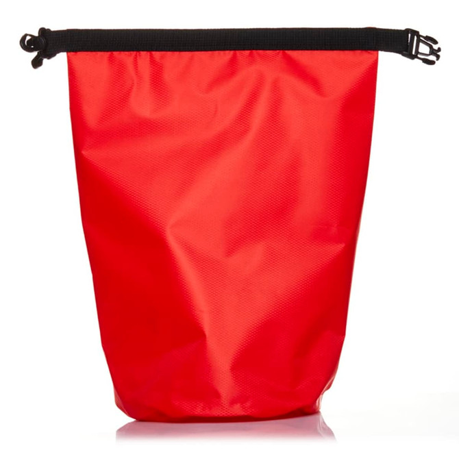 A red 5L dry bag with a black fastening system and a textured surface. It features a logo on the material.