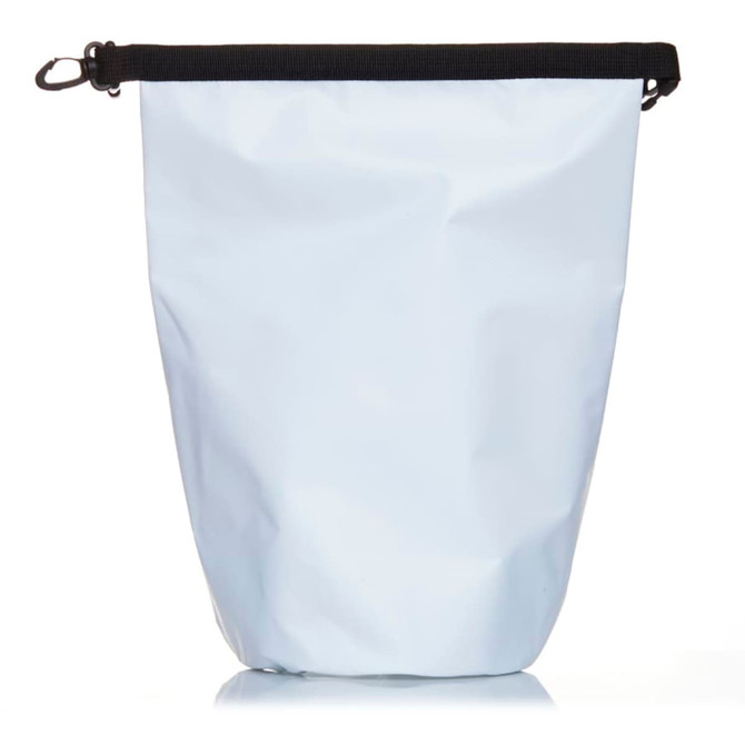 A white 5L dry bag with a black closure, featuring a simple design and a logo.