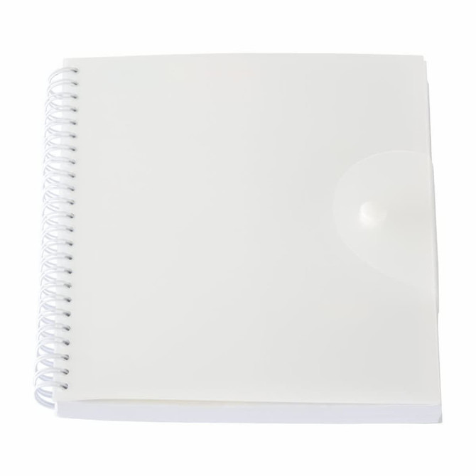 A white spiral-bound notepad with a clear cover and a button closure. It features a logo on the front.