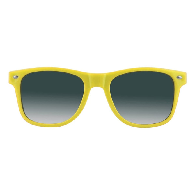 Yellow sunglasses with green gradient lenses and a stylish design, featuring a logo on the side.