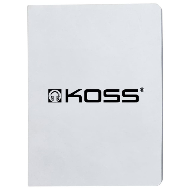 A grey notebook with blank pages, featuring a branded logo on the cover.
