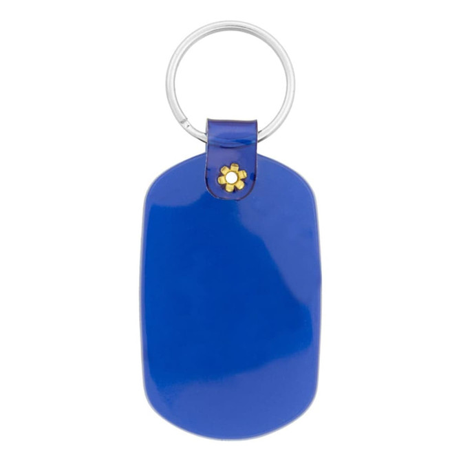 A blue oval keychain with a silver keyring and a decorative flower detail on the strap.