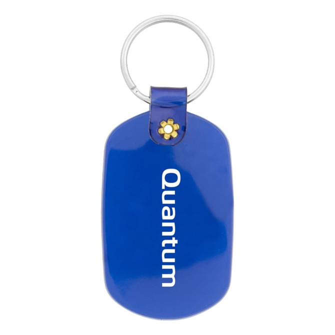 A blue oval keychain with a decorative attachment and a logo on the front.
