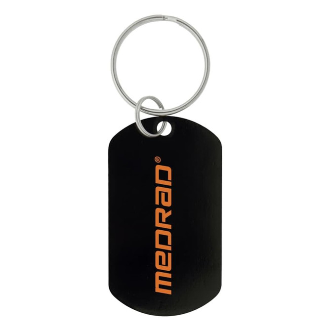 A black dog tag keychain with a silver metal keyring and an orange logo.