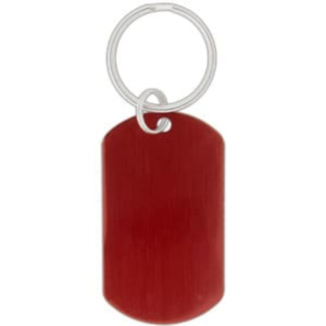 A red dog tag keychain featuring a metallic finish and a silver keyring attachment.