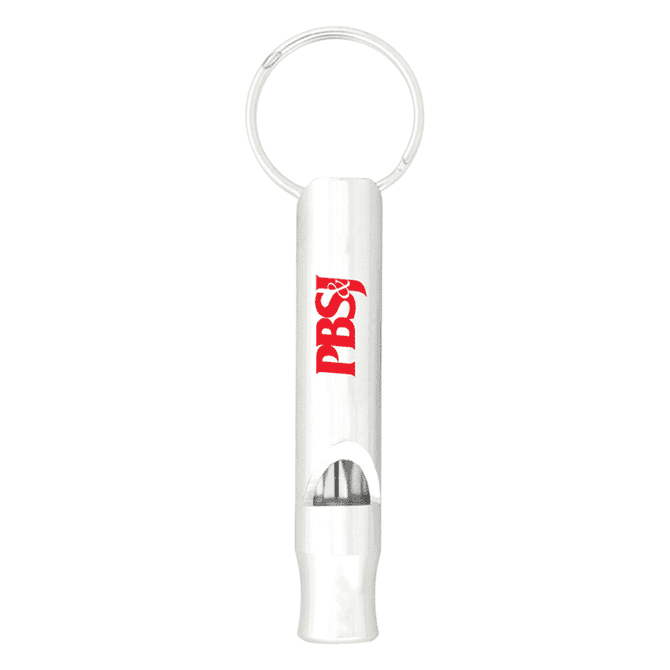 A white aluminium whistle keychain with a keyring attachment and a logo.