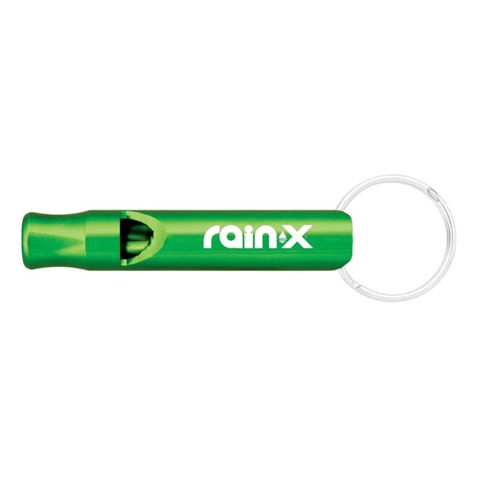 A green aluminium metal whistle keychain with a metal ring, featuring a logo on the side.