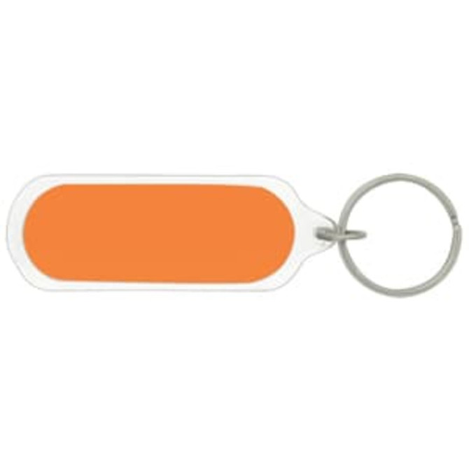 An oval acrylic keychain in an orange hue, featuring a silver keyring and a simple design.
