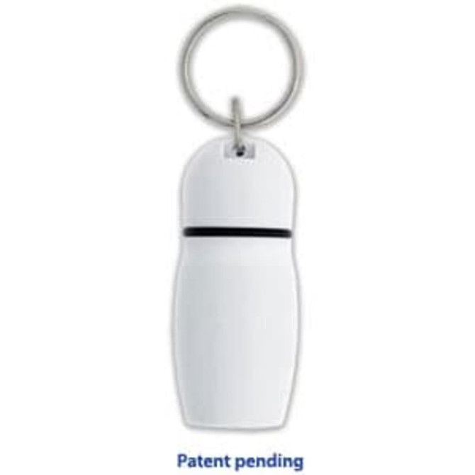 A white hotel keychain with a rounded design and silver keyring. It features a simple, sleek look.