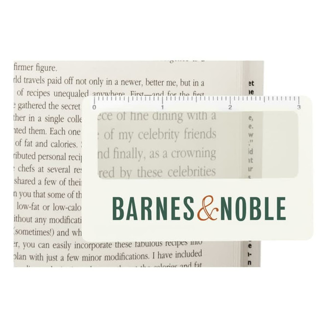 A pocket ruler magnifier with a white frame and a logo, placed over a printed text page.