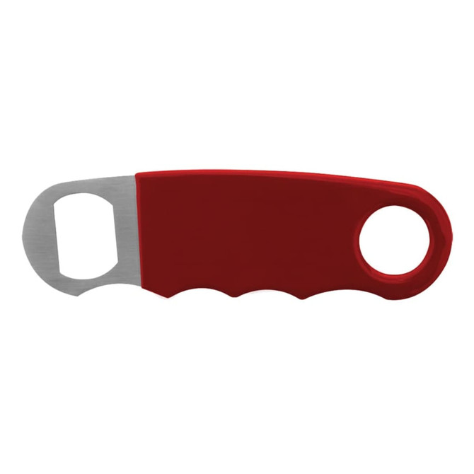 A drink bottle opener in red with a stainless steel opener and a textured grip for easy handling.