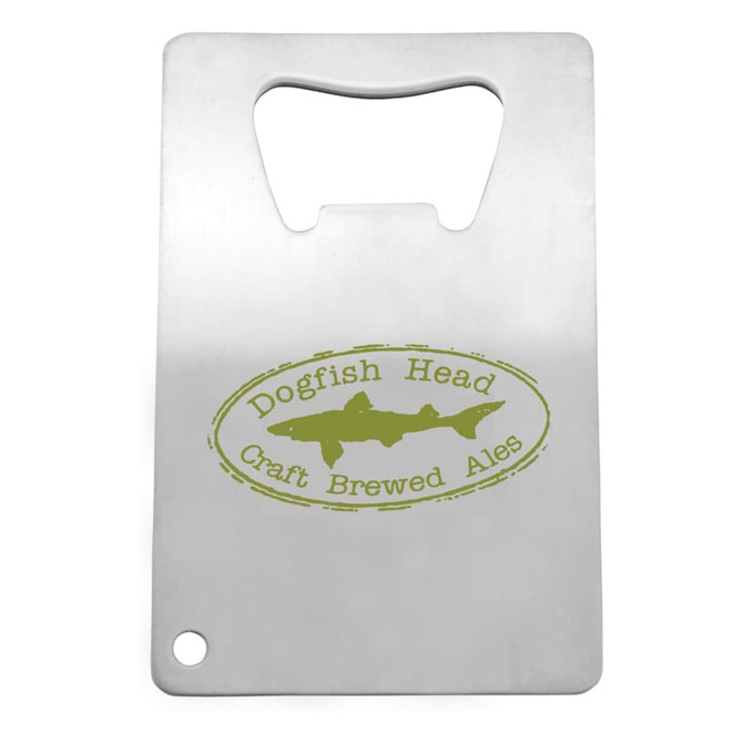 A stainless steel credit card bottle opener with a green logo and an ergonomic opening feature.