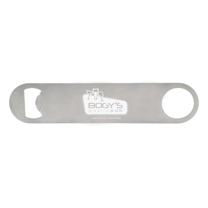 A drink bottle opener made of stainless steel featuring a circular hole and a bottle opener. It has a logo printed on it.