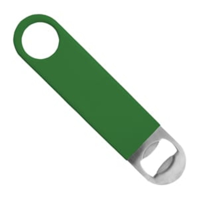 A green bottle opener with a stainless steel cap remover and a circular handle. It features a branding logo.