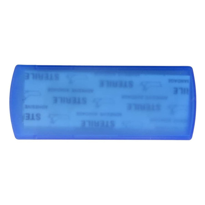 A blue bandage dispenser with a smooth surface and rounded edges, featuring a logo or branding on it.