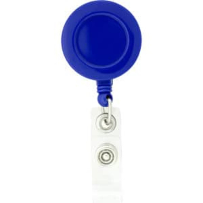 A round blue badge holder with a retractable clear strap and a metal clip at the end.