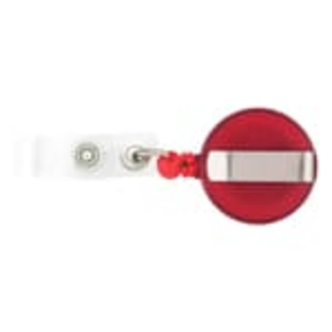 A round red badge holder with a silver clip and a retractable cord attached to a white strap.