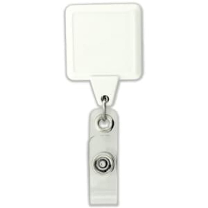 A clear rectangular badge holder with a retractable reel and metal clip. It features a white square attachment.