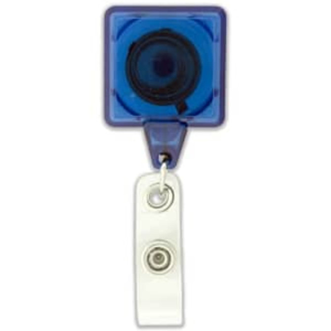 A rectangle badge holder in blue with a retractable cord and a white strap for attachment.