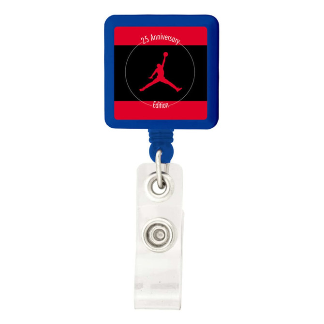 A rectangle badge holder in blue with a transparent clip, featuring a logo in red and black.
