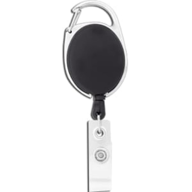 A black retractable badge holder with a metal carabiner and a silver clip for attachment. Features a logo.