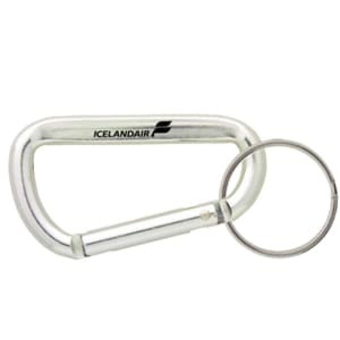 A silver 60mm carabiner with a round keyring attachment and a logo.